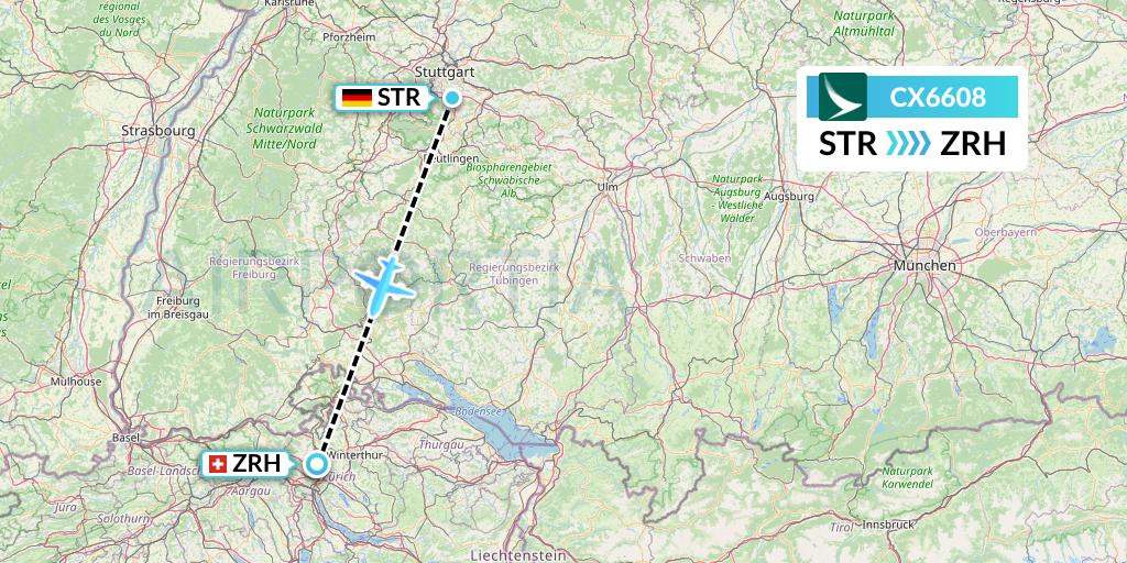 CX6608 Cathay Pacific Flight Map: Stuttgart to Zurich