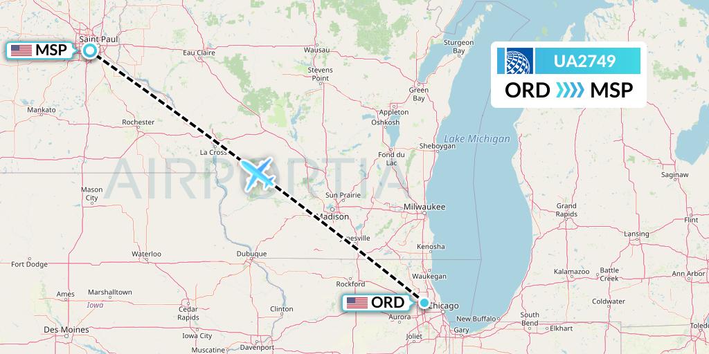 UA2749 United Airlines Flight Map: Chicago to Minneapolis