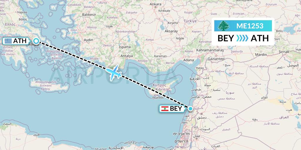 ME1253 MEA Flight Map: Beirut to Athens