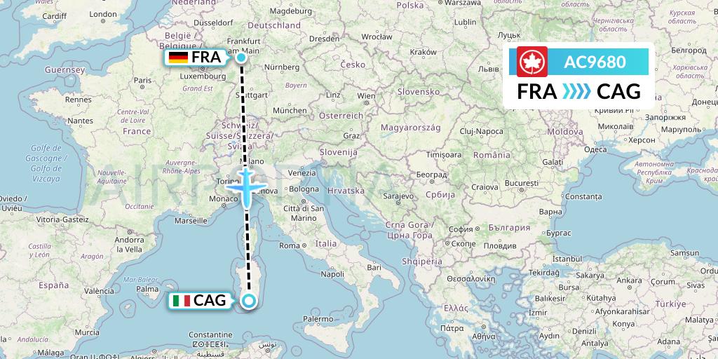 AC9680 Air Canada Flight Map: Frankfurt to Cagliari