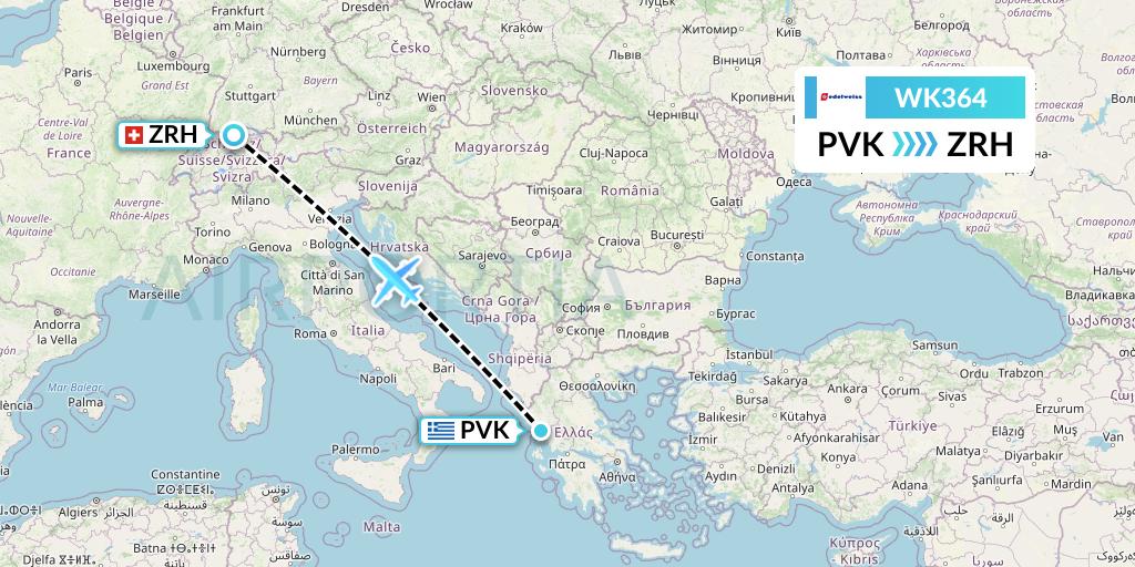 WK364 Edelweiss Air Flight Map: Preveza to Zurich