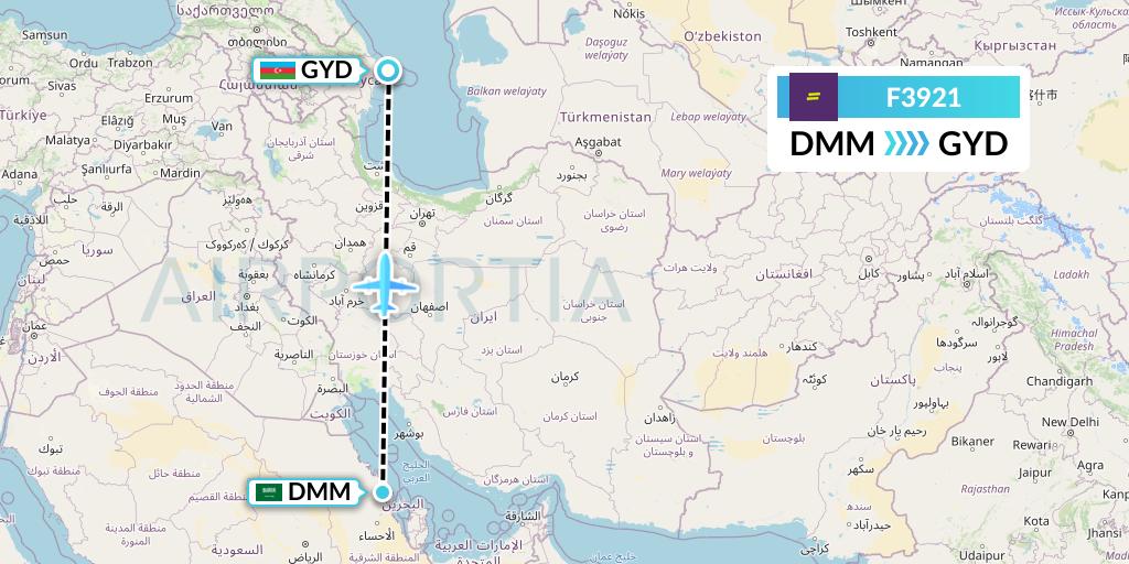 F3921 flydeal Flight Map: Dammam to Baku