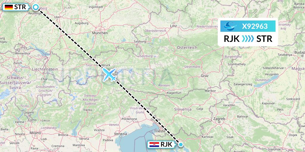 X92963 Avion Express Flight Map: Rijeka to Stuttgart