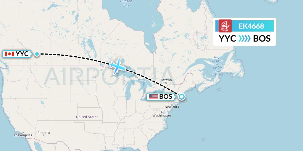 EK4668 Emirates Flight Map: Calgary to Boston