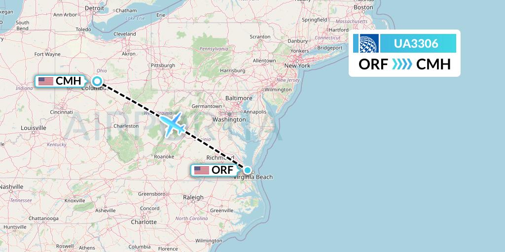 UA3306 United Airlines Flight Map: Norfolk to Columbus