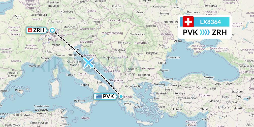 LX8364 Swiss Flight Map: Preveza to Zurich