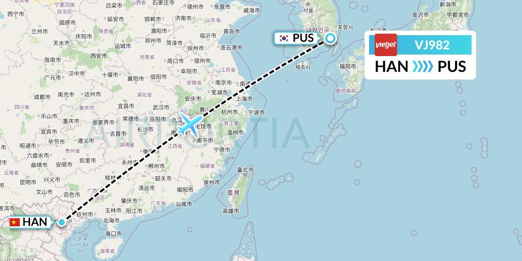 VJ982 VietJet Air Flight Map: Hanoi to Busan