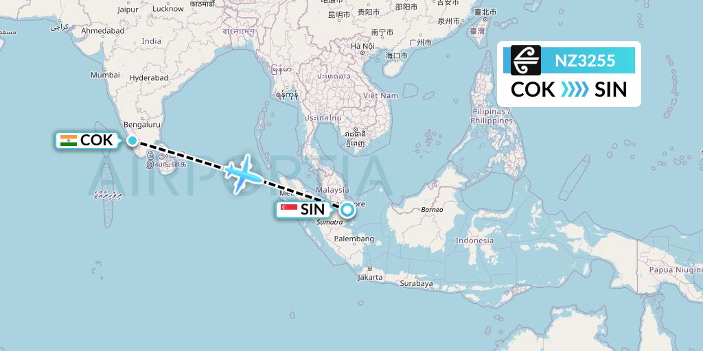 NZ3255 Air New Zealand Flight Map: Cochin to Singapore