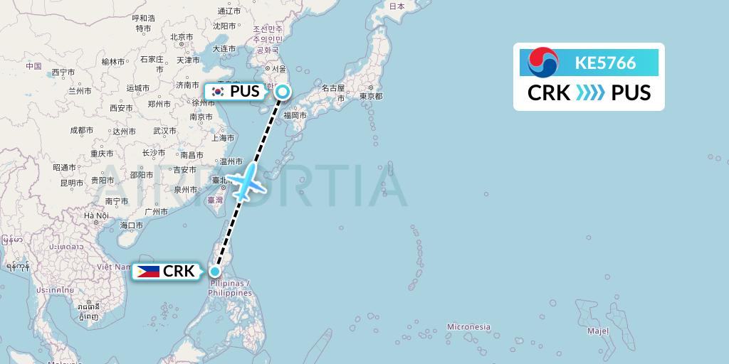 KE5766 Korean Air Flight Map: Angeles City to Busan