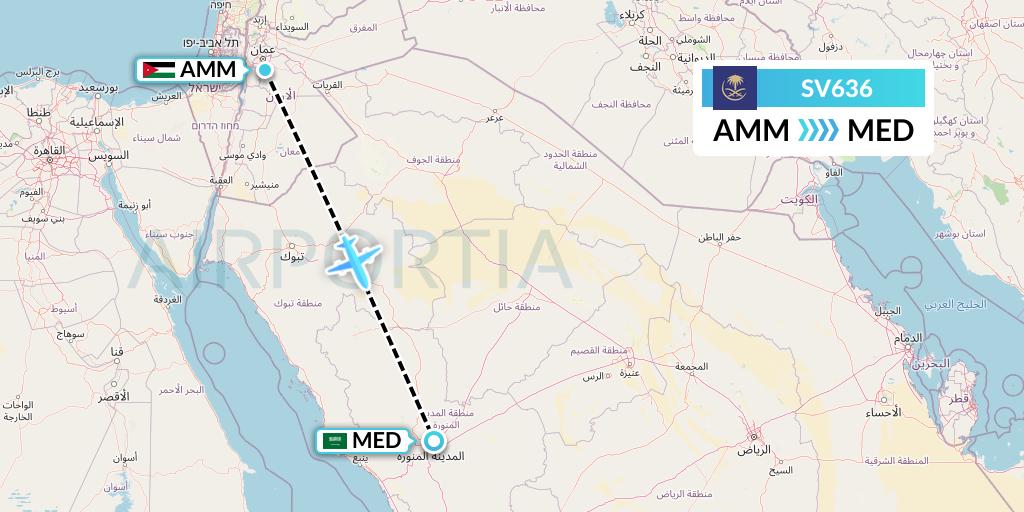 SV636 Saudi Arabian Airlines Flight Map: Amman to Medina