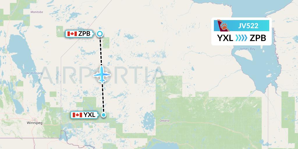 JV522 Bearskin Airlines Flight Map: Sioux Lookout to Sachigo Lake