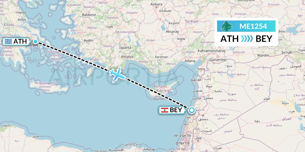 ME1254 MEA Flight Map: Athens to Beirut