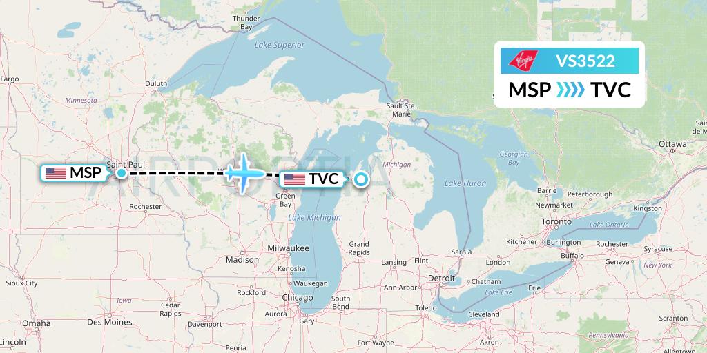 VS3522 Virgin Atlantic Airways Flight Map: Minneapolis to Traverse City