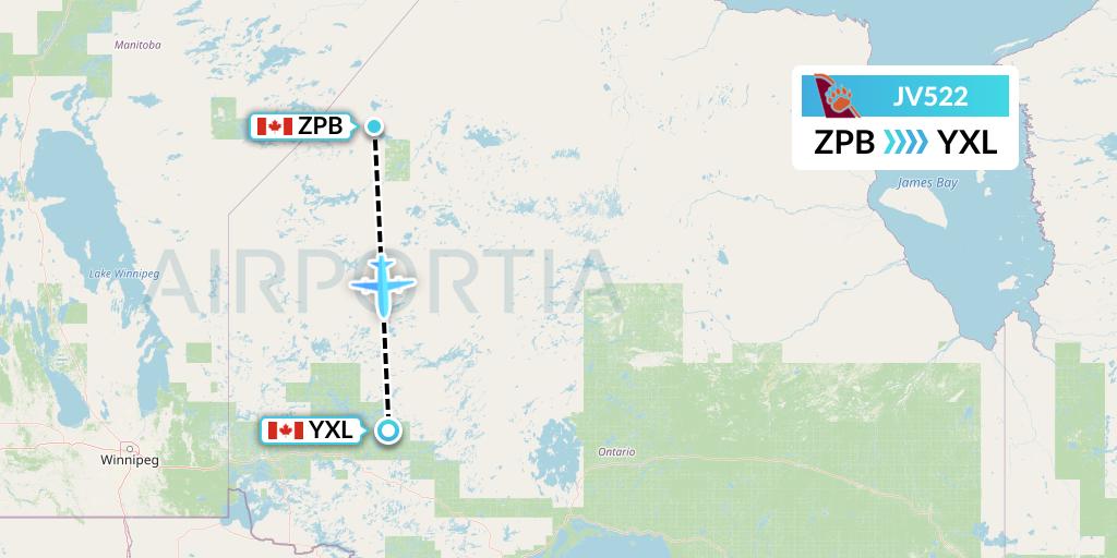 JV522 Bearskin Airlines Flight Map: Sachigo Lake to Sioux Lookout