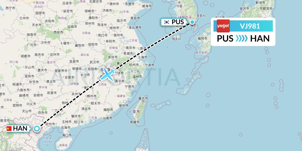 VJ981 VietJet Air Flight Map: Busan to Hanoi