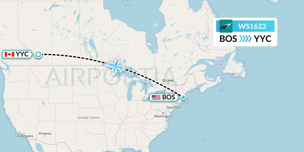 WS1623 WestJet Flight Map: Boston to Calgary