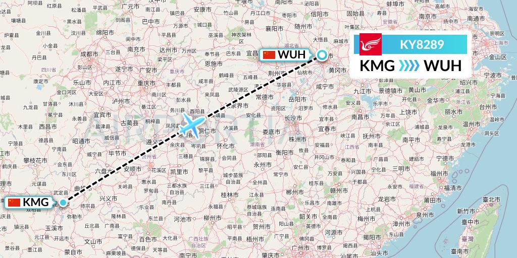 KY8289 Kunming Airlines Flight Map: Kunming to Wuhan