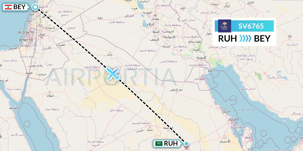 SV6765 Saudi Arabian Airlines Flight Map: Riyadh to Beirut