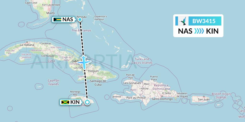 BW3415 Caribbean Airlines Flight Map: Nassau to Kingston