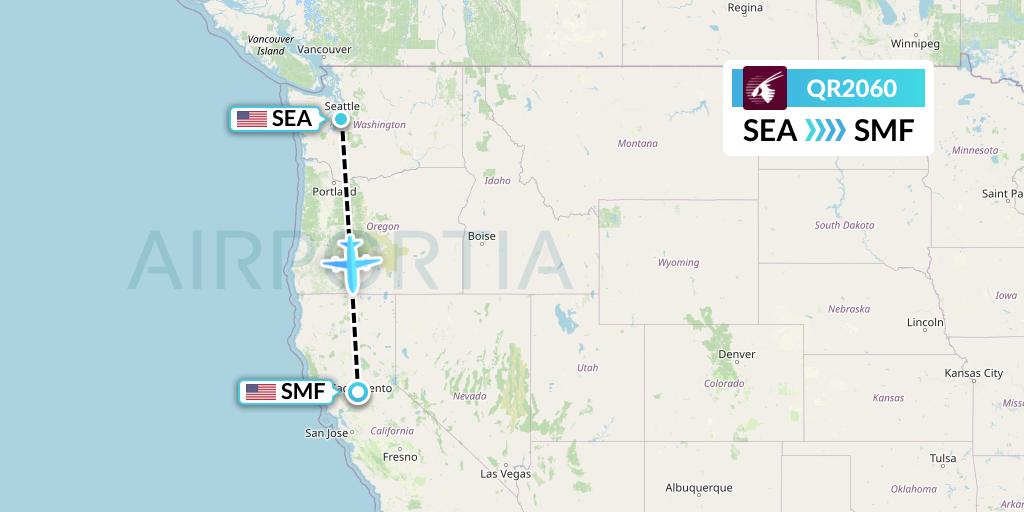 QR2060 Qatar Airways Flight Map: Seattle to Sacramento