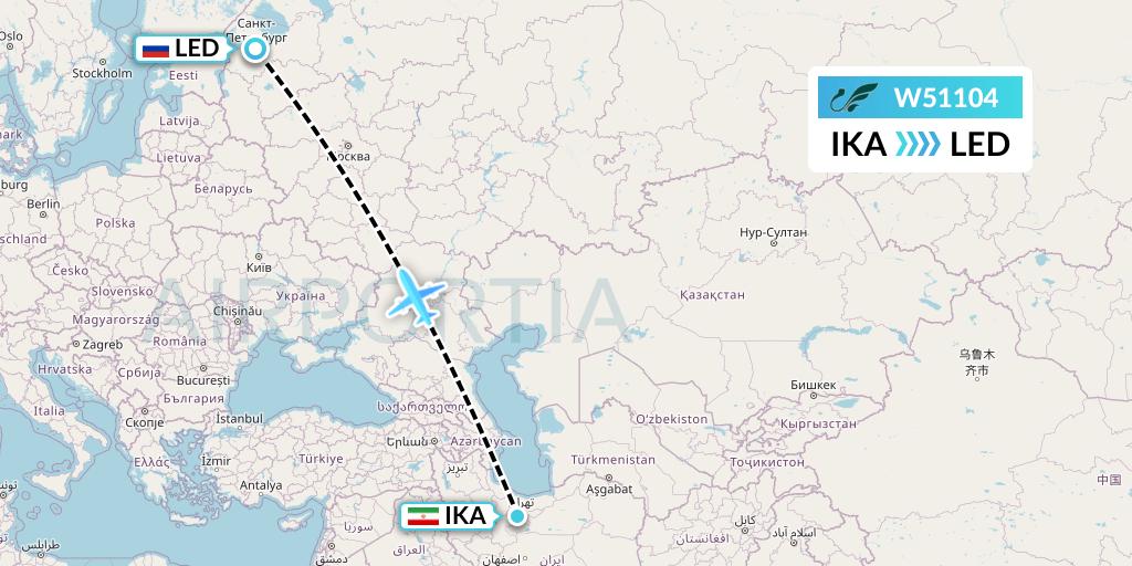 W51104 Mahan Air Flight Map: Tehran to St. Petersburg