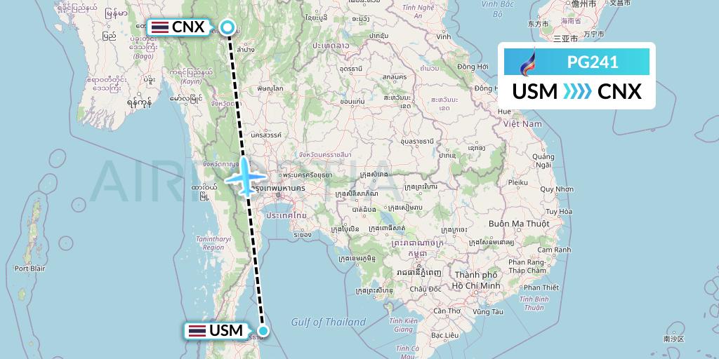 PG241 Bangkok Airways Flight Map: Koh Samui to Chiang Mai