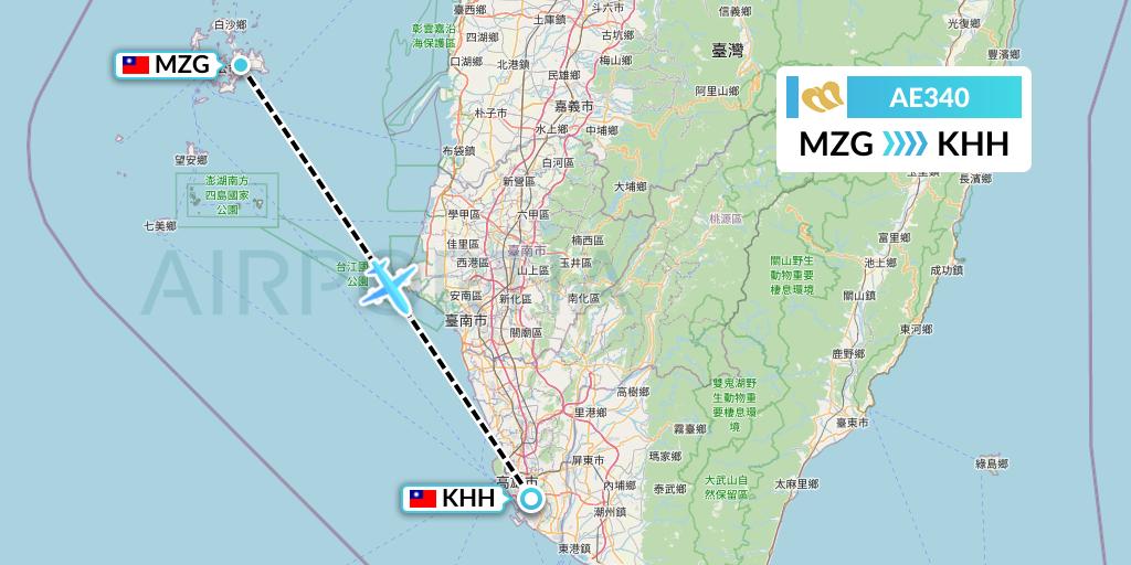 AE340 Mandarin Airlines Flight Map: Makung to Kaohsiung