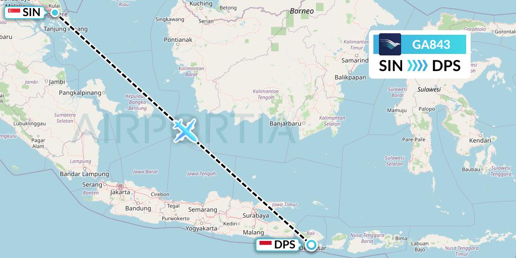 GA843 Garuda Indonesia Flight Map: Singapore to Denpasar