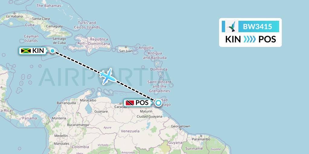 BW3415 Caribbean Airlines Flight Map: Kingston to Port of Spain