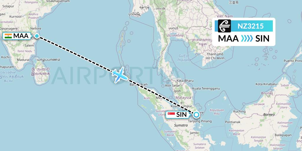 NZ3215 Air New Zealand Flight Map: Chennai to Singapore