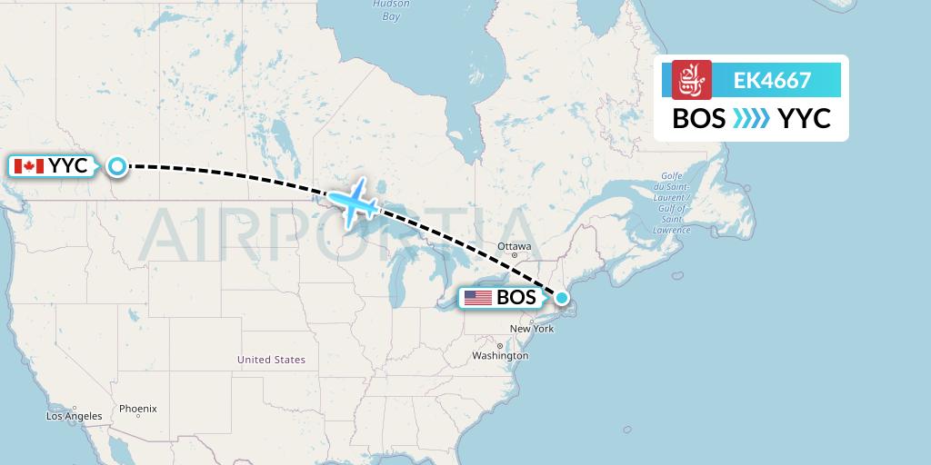 EK4667 Emirates Flight Map: Boston to Calgary