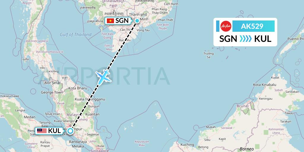 AK529 AirAsia Flight Map: Ho Chi Minh City to Kuala Lumpur