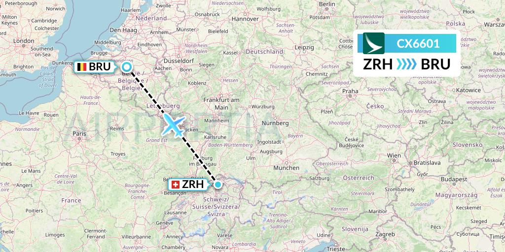 CX6601 Cathay Pacific Flight Map: Zurich to Brussels