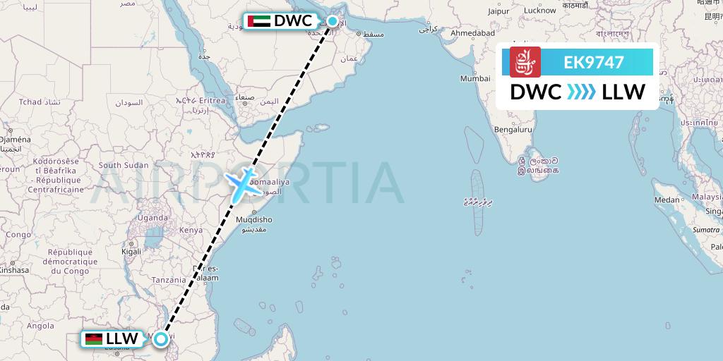 EK9747 Emirates Flight Map: Dubai to Lilongwe