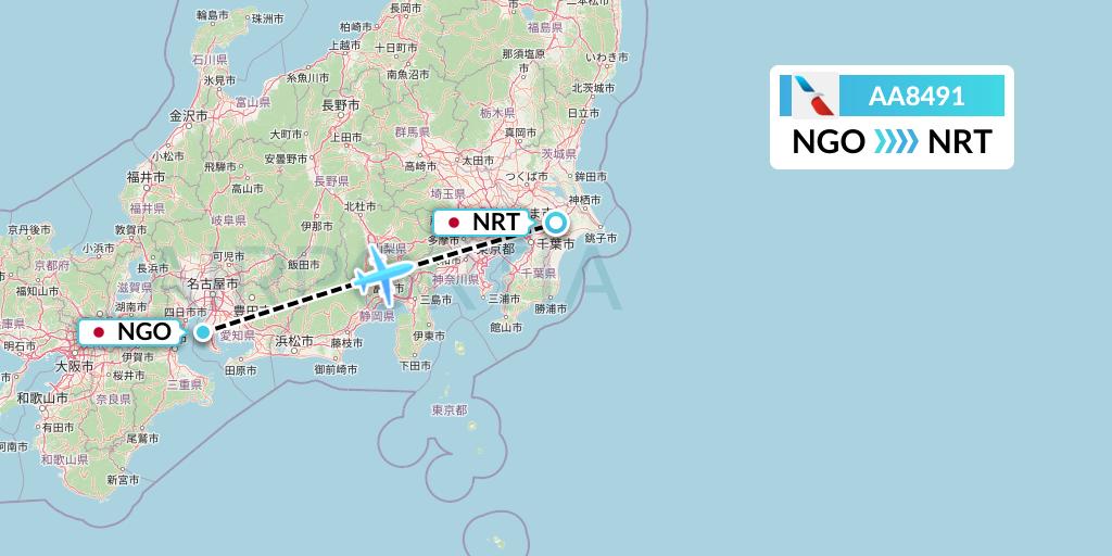 AA8491 American Airlines Flight Map: Nagoya to Tokyo