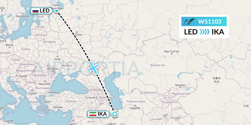 W51103 Mahan Air Flight Map: St. Petersburg to Tehran