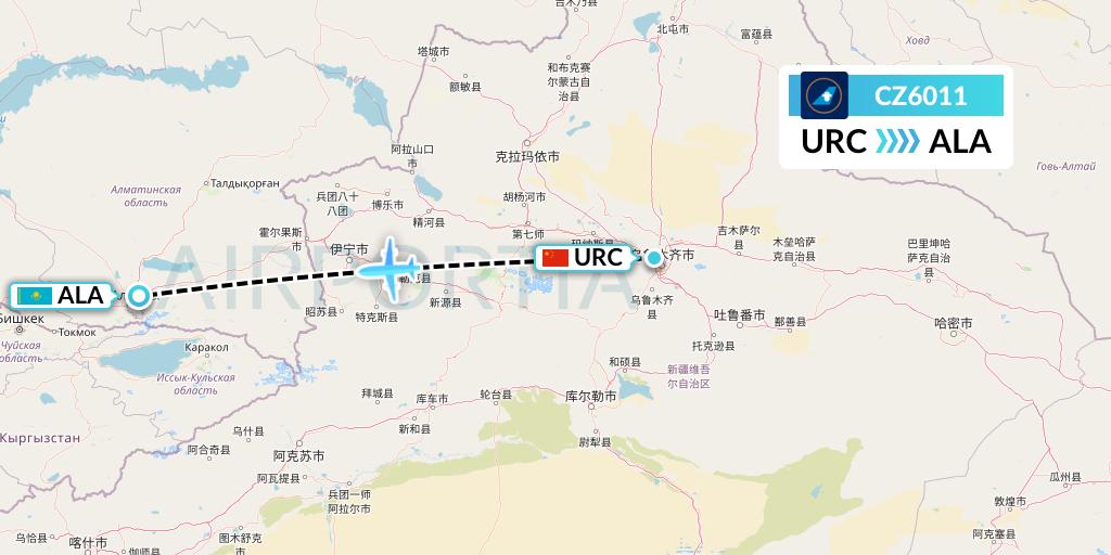 CZ6011 China Southern Airlines Flight Map: Urumqi to Almaty
