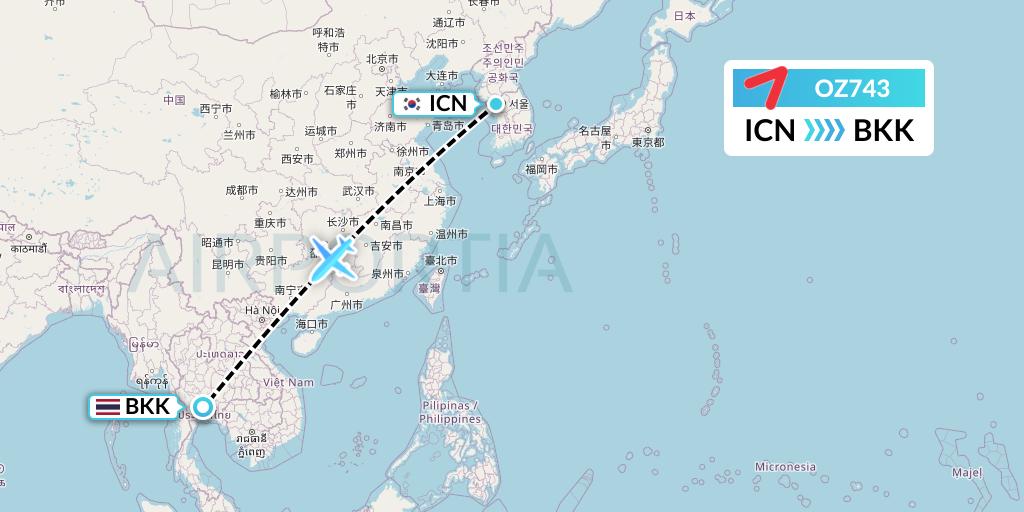 OZ743 Asiana Airlines Flight Map: Seoul to Bangkok
