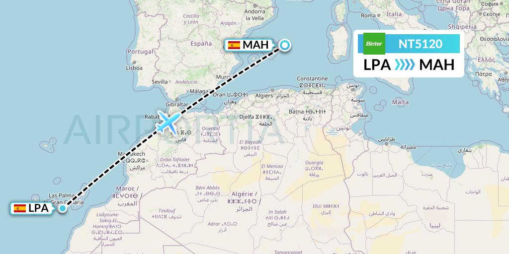NT5120 Binter Canarias Flight Map: Las Palmas to Mahon