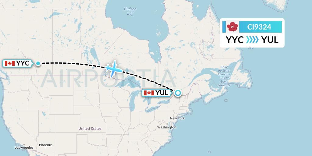 CI9324 China Airlines Flight Map: Calgary to Montreal