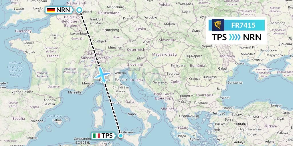 FR7415 Ryanair Flight Map: Trapani to Weeze