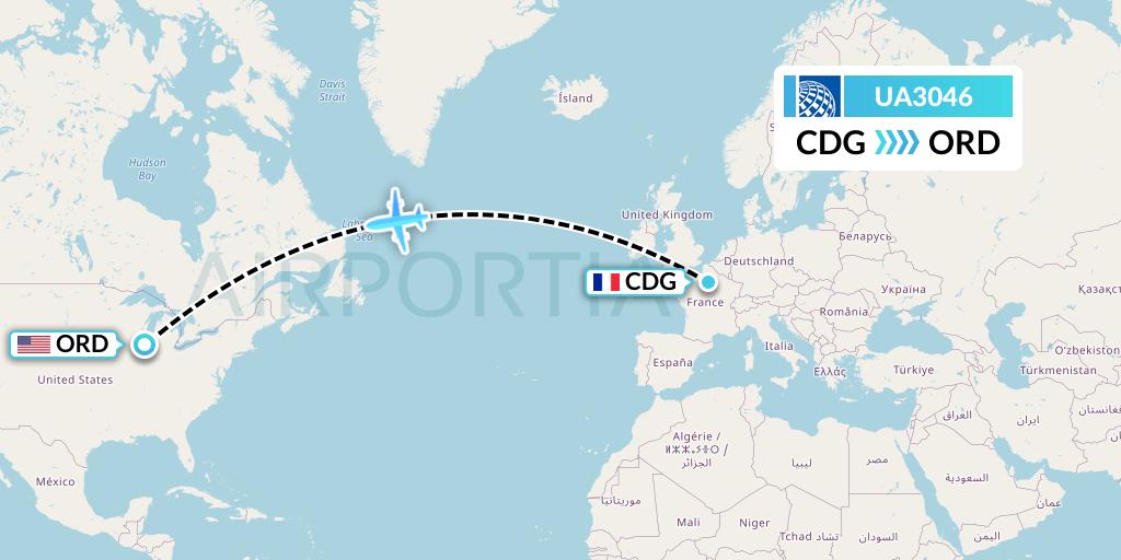 UA3046 United Airlines Flight Map: Paris to Chicago