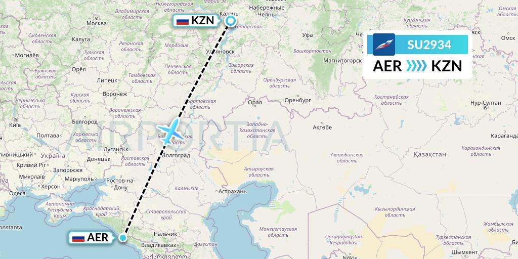 SU2934 Aeroflot Flight Map: Sochi to Kazan