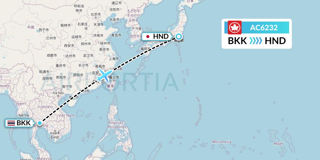 AC6232 Air Canada Flight Map: Bangkok to Tokyo