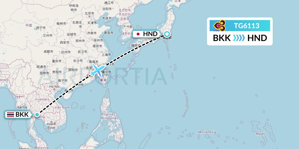 TG6113 Thai Airways Flight Map: Bangkok to Tokyo