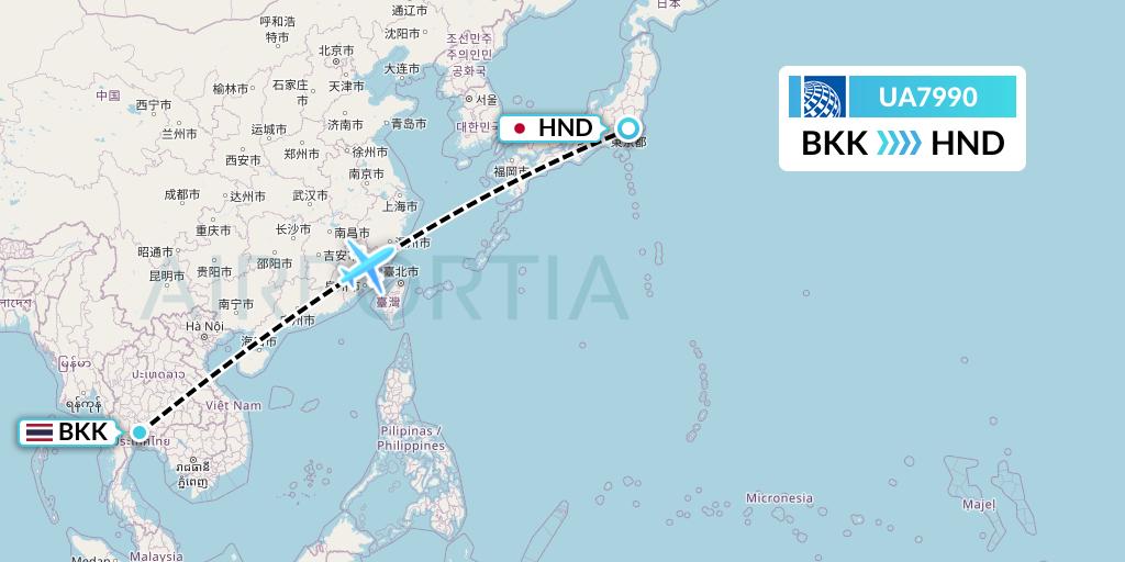 UA7990 United Airlines Flight Map: Bangkok to Tokyo