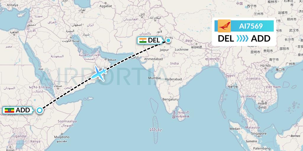 AI7569 Air India Flight Map: Delhi to Addis Ababa