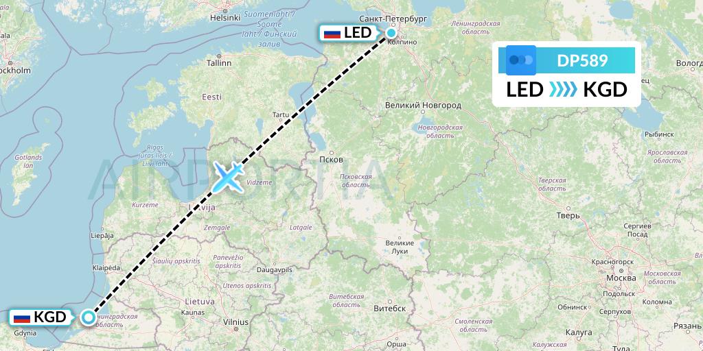 DP589 Pobeda Flight Map: St. Petersburg to Kaliningrad