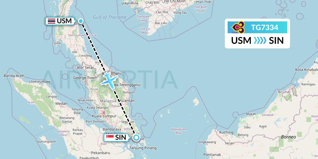 TG7334 Thai Airways Flight Map: Koh Samui to Singapore