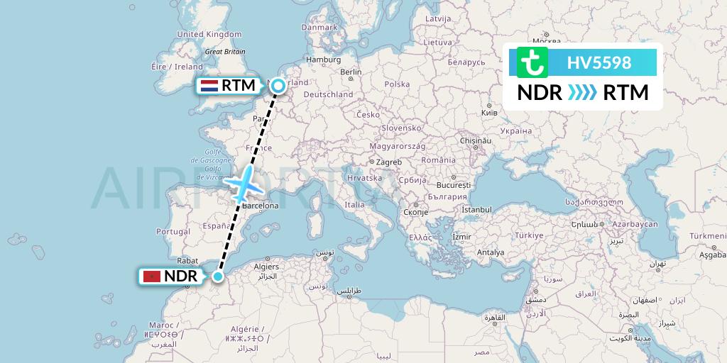 HV5598 Transavia Flight Map: Nador to Rotterdam